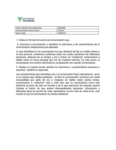 Tarea 4 Carlos Alberto Hernandez Rios 2954568 Comunicación oral y