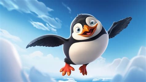 Premium Photo | Realistic Cartoon Penguin Flying In The Sky With Red Tail