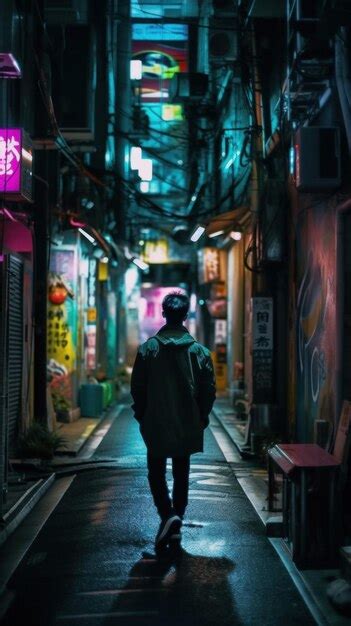 Premium Ai Image A Person Walking Down A Dark Alley Way With Graffiti