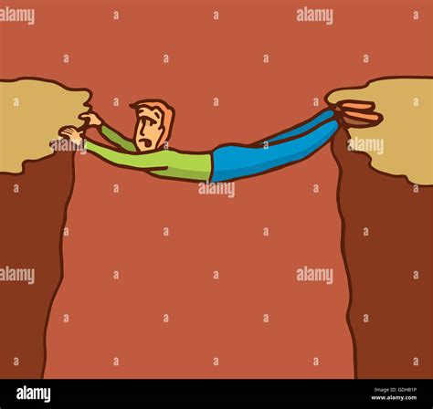 Cartoon Illustration Of A Man Laying On A Gap Between Two Cliffs Stock