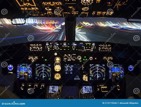 Cockpit of a Passenger Plane. View from the Cockpit during Stock Photo ...