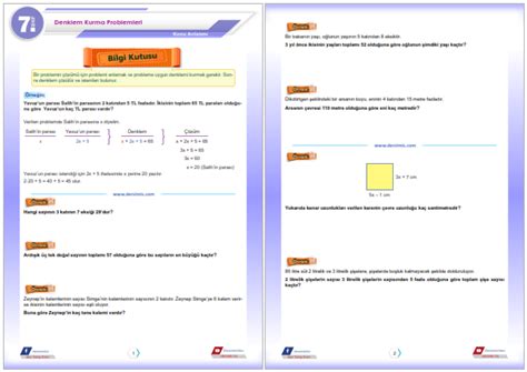7 Sınıf Denklem Kurma Problemleri Konu Anlatım Föyü