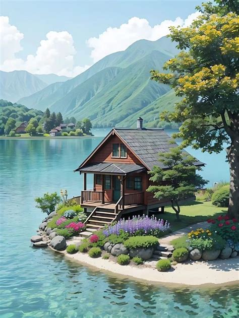 A Painting Of A Small House On An Island In The Middle Of Water With