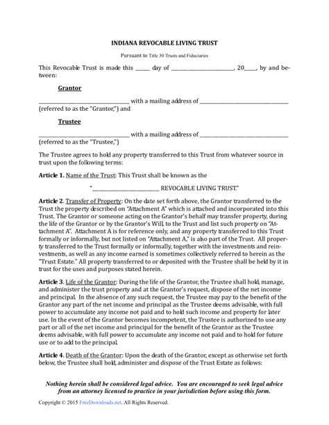 Download Indiana Revocable Living Trust Form Pdf Rtf Word