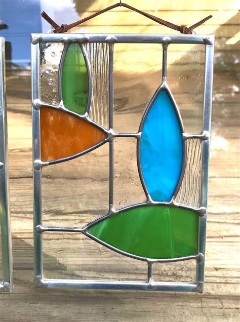 Mid Century Modern Design Stained Glass Faux Transom Triptych Etsy