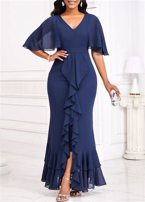 Rotita Mermaid Navy V Neck Half Sleeve Bodycon Maxi Dress Rotita