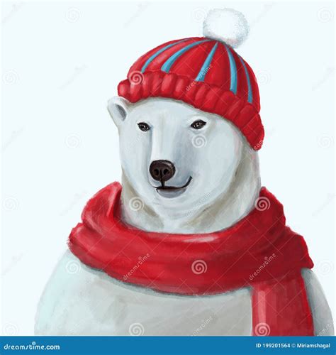 Cute Polar Bear In A Red Cap And Scarf Stock Illustration