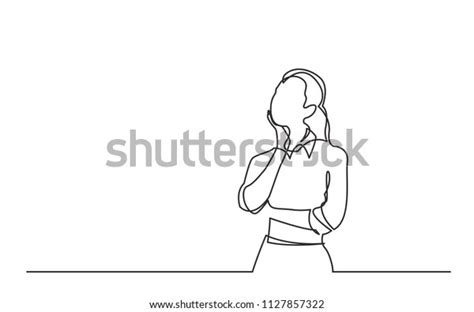 Continuous Line Drawing Standing Woman Thinking Stock Vector Royalty