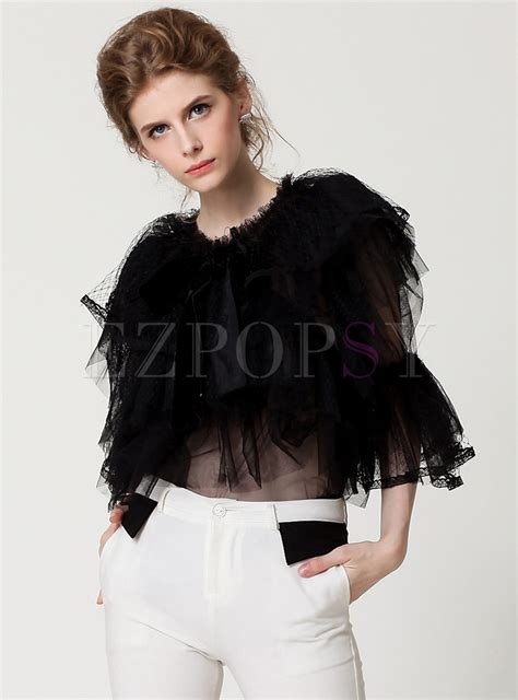 Tops Blouses Sexy Perspective Flare Sleeve Blouse