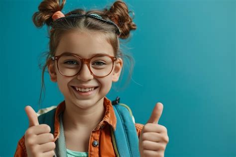 Premium Photo A Girl With Glasses And A Backpack Giving A Thumbs Up Sign