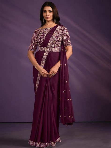 Wine Crepe Satin Silk Thread Embroidered Moti Saree With Floral