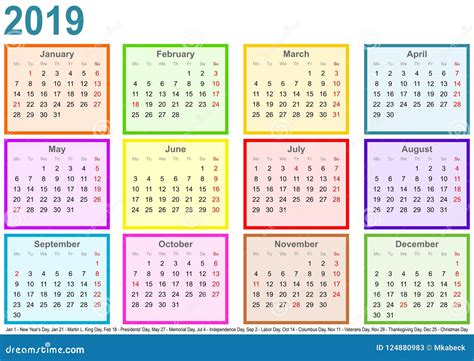 Haga Calendarios Cada Meses De Diferente Colore Los E E U U