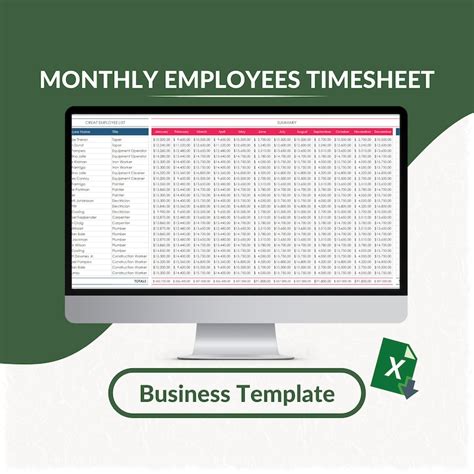 Monthly Employee Timesheet Excel Template Employee Work - Etsy