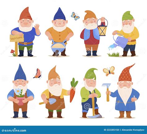 Funny Garden Gnome Holding Lantern And Mattock Cute Cartoon Dwarf