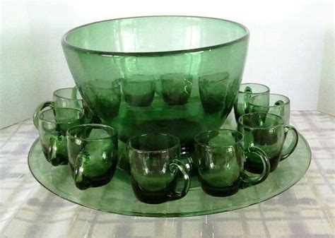 Items Similar To Vintage Hand Blown Green Glass Punch Bowl Set W