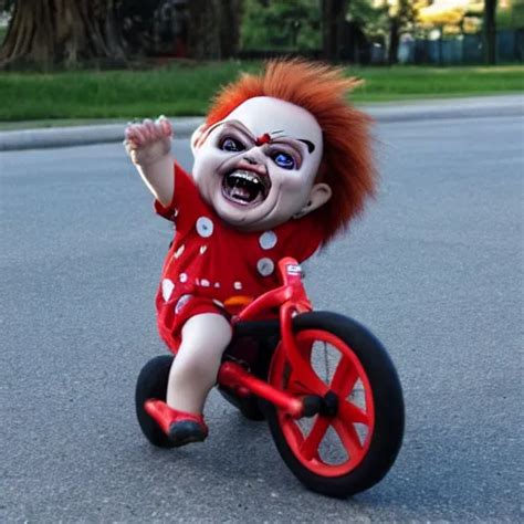 Cute Screaming Chucky Doll Riding A Tricycle Stable Diffusion