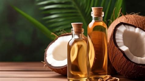 Premium AI Image A Bottle Of Coconut Oil Decorated With Green Palm