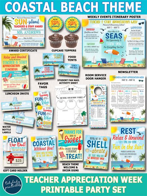 Coastal Beach Theme Teacher Appreciation Week Printable Set — Tidylady Printables