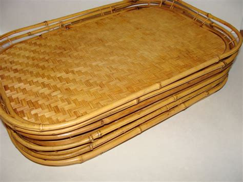 Set Of 6 Vintage Rattan And Bamboo Serving Trays Lap Trays Table