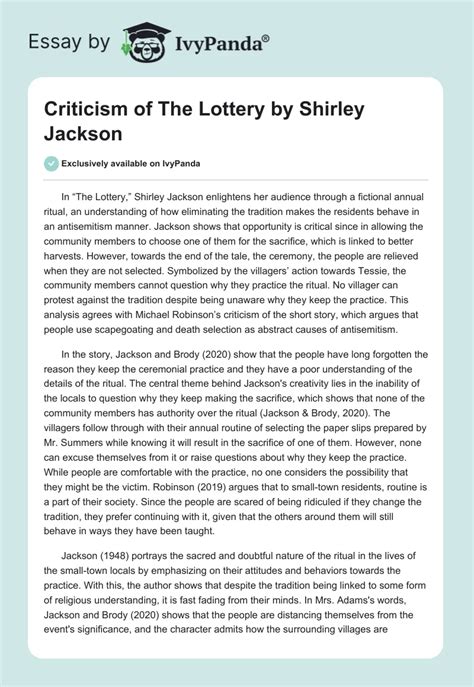 Criticism Of The Lottery By Shirley Jackson 1247 Words Essay Example