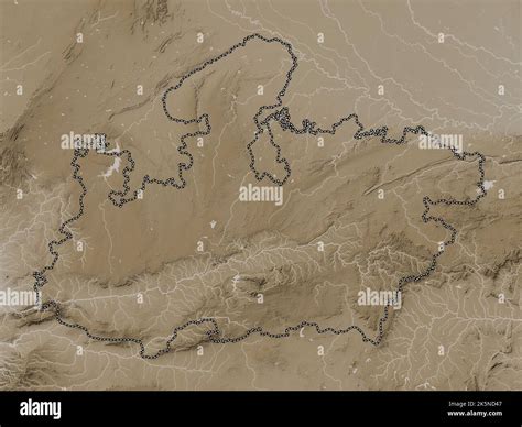 Madhya Pradesh, state of India. Elevation map colored in sepia tones ...