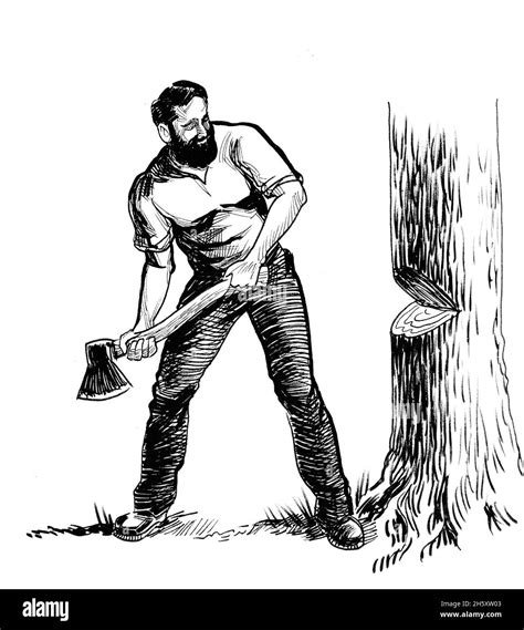 Canadian Lumberjack Cutting Tree With Axe Ink Black And White Drawing