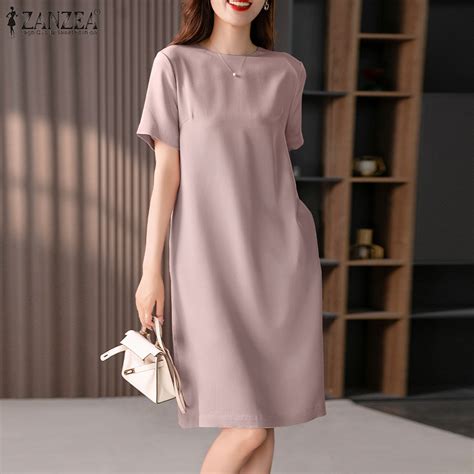 Zanzea Korean Style Women S Dresses Elegant Short Sleeve O Neck Soild