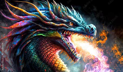 Beautiful Rainbow Colorful Dragon Blowing Hot Fire Year Of The Dragon