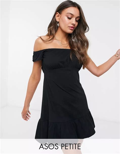 ASOS DESIGN Petite Off Shoulder Mini Sundress With Pep Hem In Black