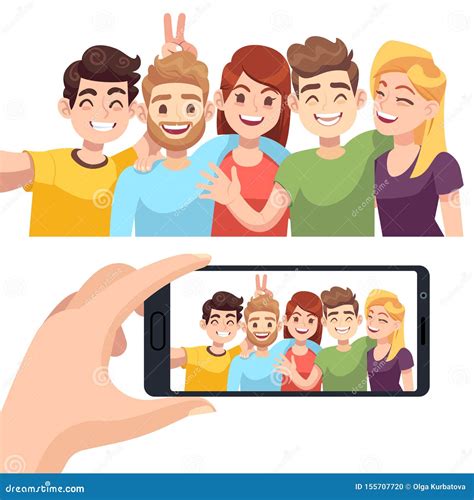 Group Selfie On Smartphone Young Happy People Take Selfie Portrait