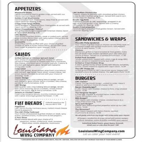 Louisiana Wing Company Menu In Lafayette Louisiana Usa