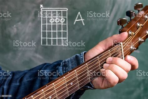 Man Playing Guitar Chords Displayed On A Blackboard Chord A Stock Photo