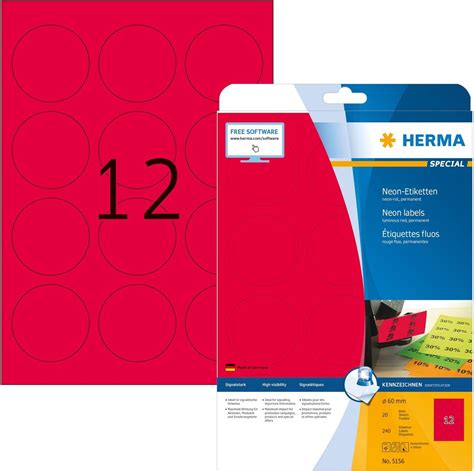 HERMA 5156 Farbige Etiketten rund neon rot 20 Blatt Ø 60 mm 12 pro