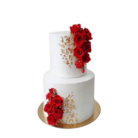 Gâteau de Mariage Wedding Cake Feuilles d Or et Roses Rouges Une