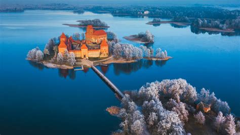 Trakai Castle On Lake Galvė Aerial View In Winter At Sunrise Lithuania Windows Spotlight Images