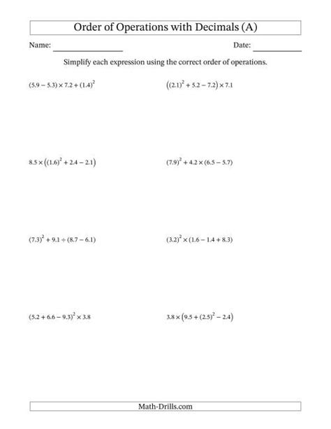 Order of Operations with Positive Decimals (Four Steps) (A)