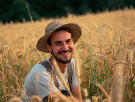 premium photo harvest joy young farmer  wheat field