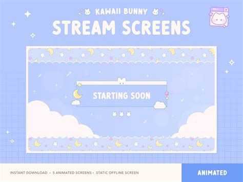 Animated Stream Screens X5 Blue Kawaii Bunny Twitch Overlay Cute Pastel Star Starting Soon Brb