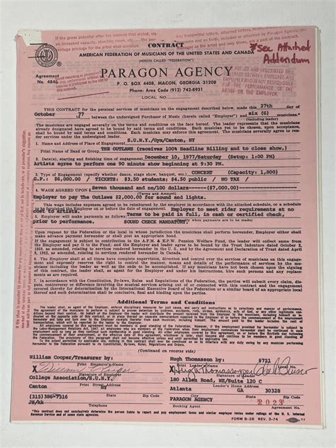 The Outlaws Concert Contract 1977 Canton NY | Visible Vibrations