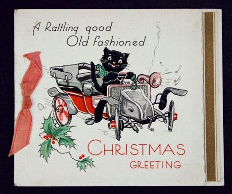 An Old Fashioned Christmas Card With A Cat Driving A Car