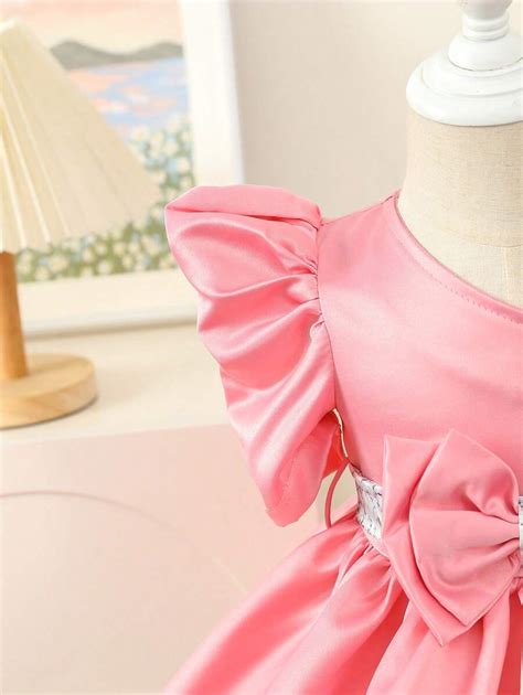 Girls Baby Asymmetrical Neck Ruffle Trim Bow Front Asymmetrical Neck