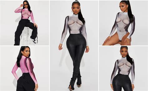 Womens See Through Long Sleeve Bodysuit Fashion Prints Mesh Mock Neck