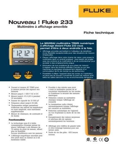 Fiche technique Nouveau Fluke 233 Multimètre à affichage amovible