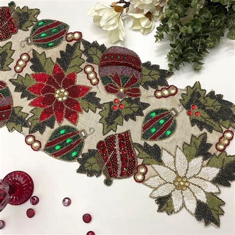 Handmade Christmas Table Runner Beaded Runner Centerpiece Etsy