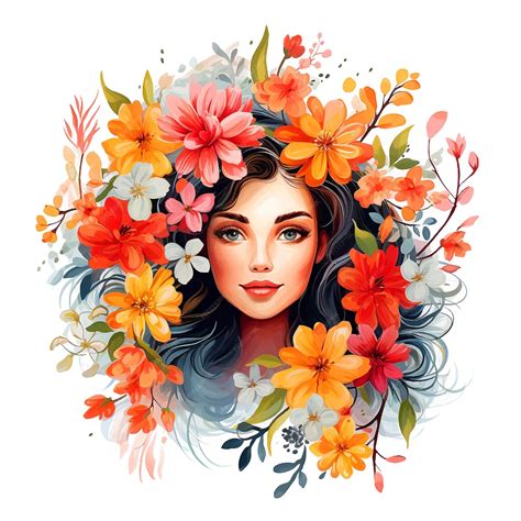 Hermoso Retrato De Niña Rodeada De Flores Pintura De Acuarela Vector