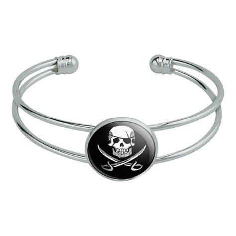 Pirate Skull Crossed Swords Tattoo Design Novelty Silver Plated Metal Cuff Bangle Bracelet