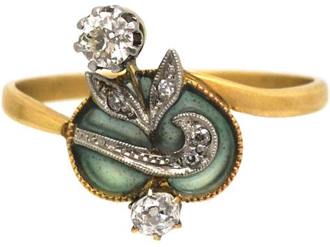 Art Nouveau 18ct Gold And Platinum Plique à Jour And Diamond Ring 103u