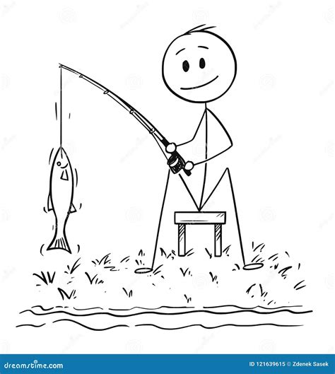 Cartoon Of Man Or Fisherman Fishing On The River Or Lake Shore Catching