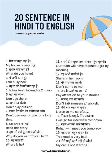 20 Sentence In Hindi To English