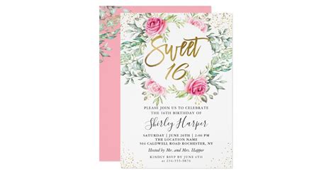 Pink Floral Greenery Gold Script Sweet 16 Birthday Invitation